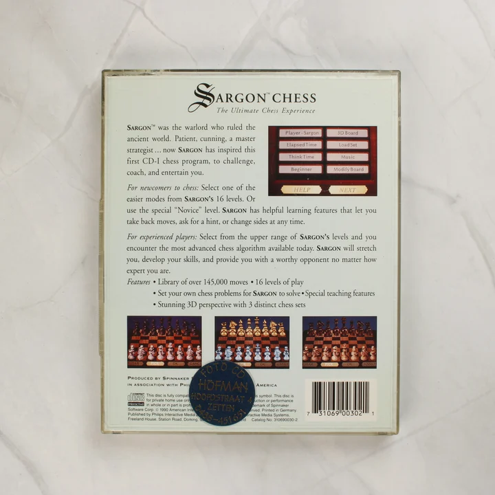 Sargon Chess CD-i játék hátlapja leírással és képernyőképekkel
