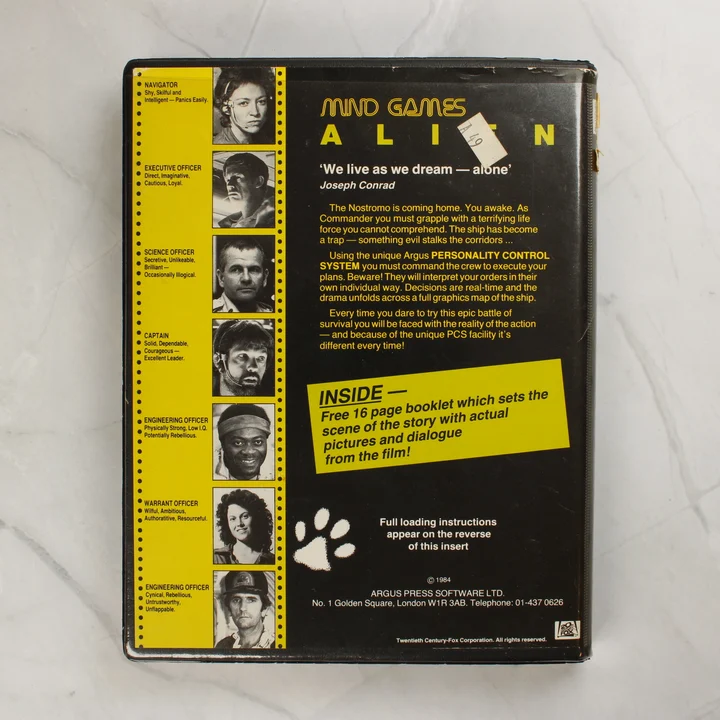 Az Alien Commodore 64 játék hátoldala a karakterek leírásával