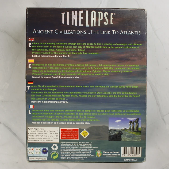 Timelapse PC játék dobozának hátoldala technikai adatokkal