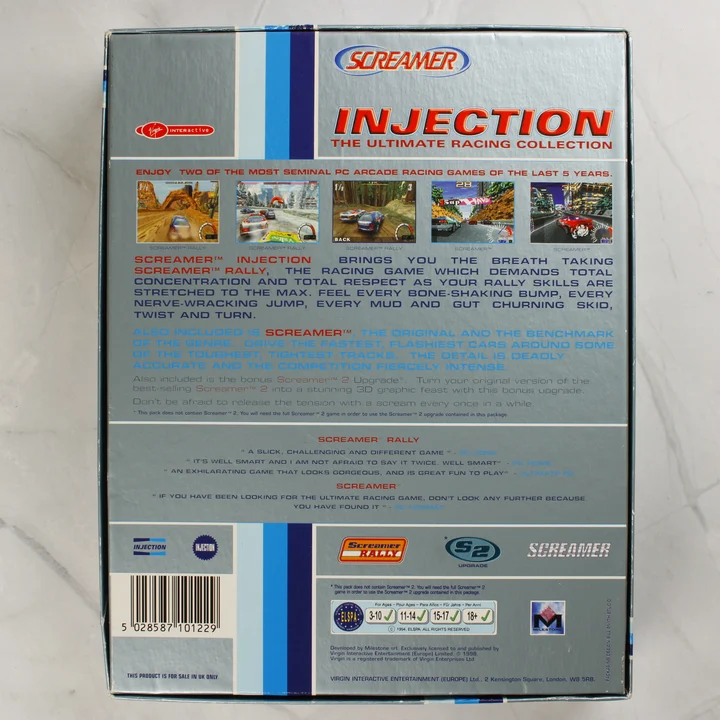 Screamer Injection PC játék dobozának hátoldala leírással és képernyőfotókkal