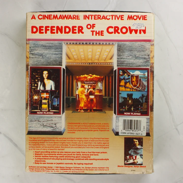 Defender of the Crown videójáték dobozának hátoldala képernyőképekkel