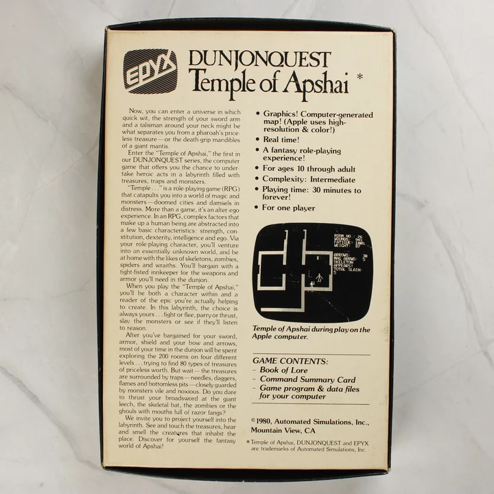 Temple of Apshai játék dobozának hátoldala leírással