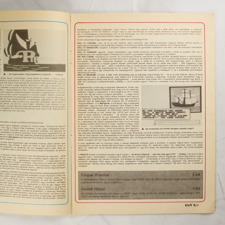 Pirates játékleírás és kódok A Commodore Világ magazin belső oldala a Pirates játék leírásával és POKE kódokkal.