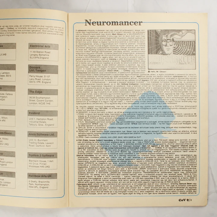 Neuromancer játékleírás A Commodore Világ magazin belső oldala a Neuromancer játék leírásával.