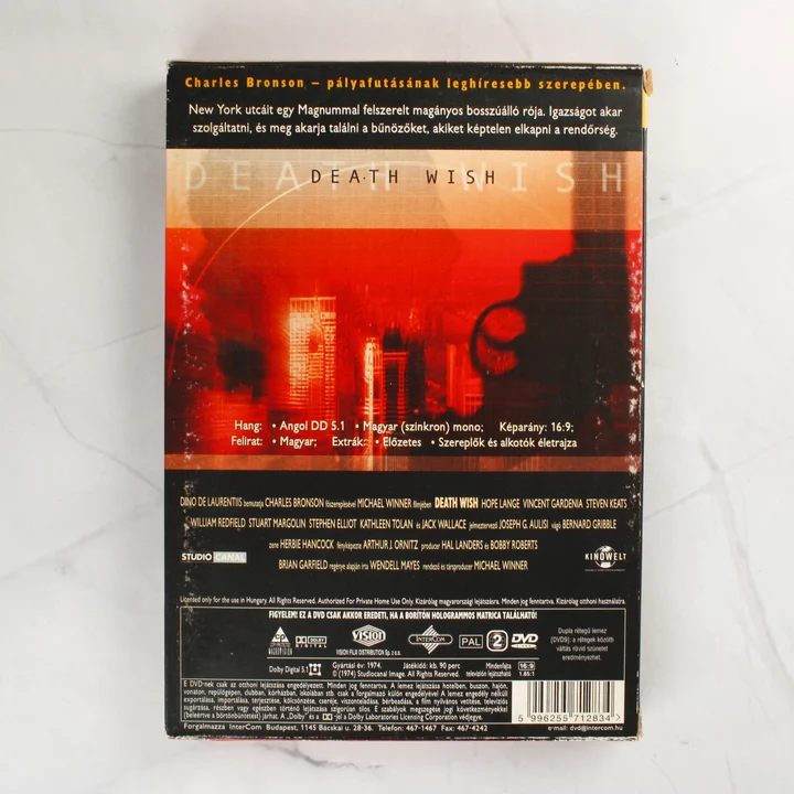 A Bosszúvágy DVD kiadásának hátoldala a technikai adatokkal