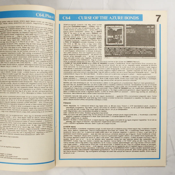 A Commodore Világ magazin belső oldala a Curse of the Azure Bonds leírásával