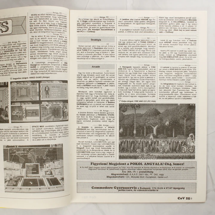 A Commodore Világ magazin belső oldalai hírekkel és rövid játékismertetőkkel
