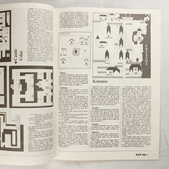 A Commodore Világ magazin belső oldala térképekkel és játékmenet leírással