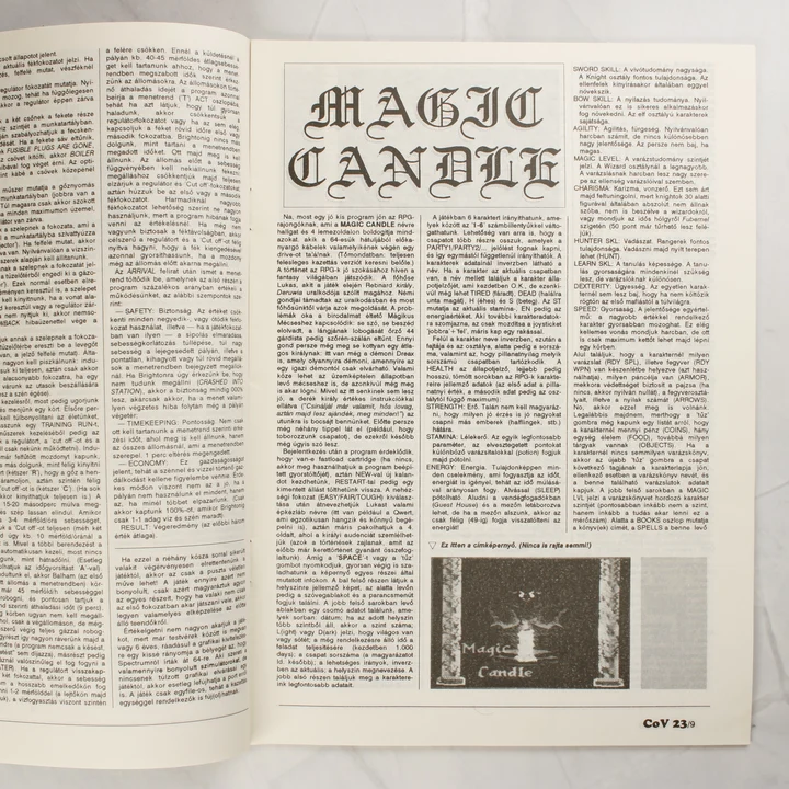 A Commodore Világ magazin belső oldala a Magic Candle játékleírással