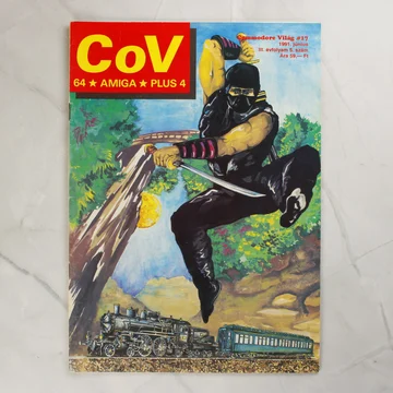 A Commodore Világ 17. számának borítója nindzsával és gőzmozdonnyal
