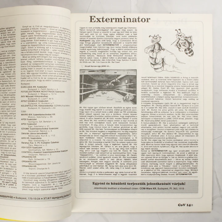 A magazin belső oldala az Exterminator játék leírásával.