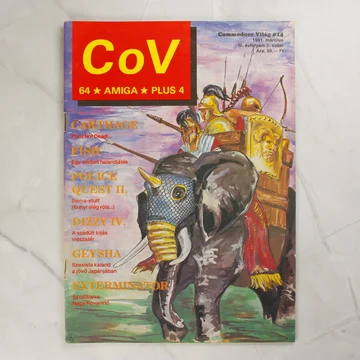 A Commodore Világ 14. számának színes címlapja egy harci elefánttal.