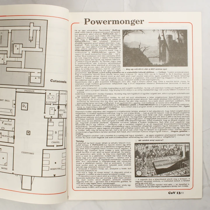 CoV 13. szám Powermonger leírás A magazin belső oldala a Powermonger játékleírással és térképpel