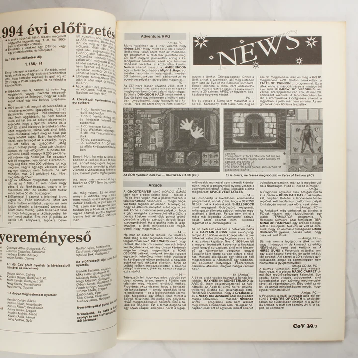 A Commodore Világ magazin belső oldalai hírekkel és előfizetési információkkal