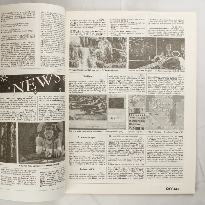 A Commodore Világ magazin belső oldalai hírekkel és játékismertetőkkel.