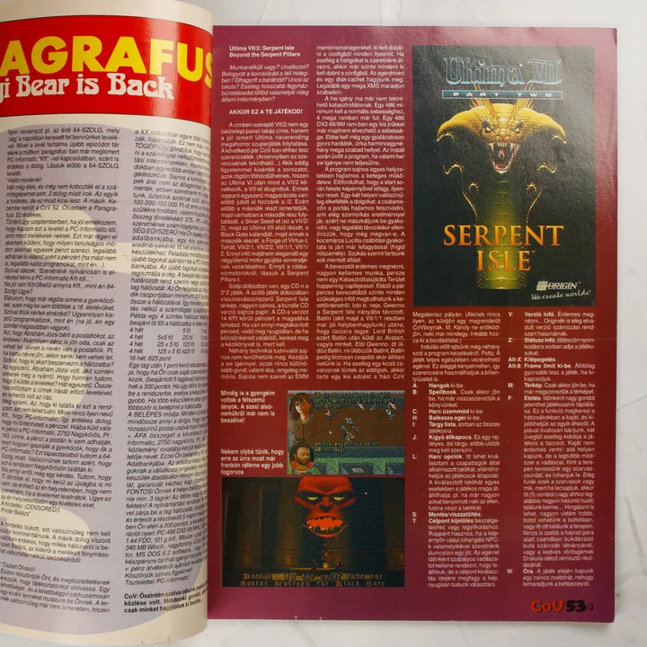 COV 53. szám belső oldal A magazin belső oldala az Ultima VII videójáték ismertetőjével.