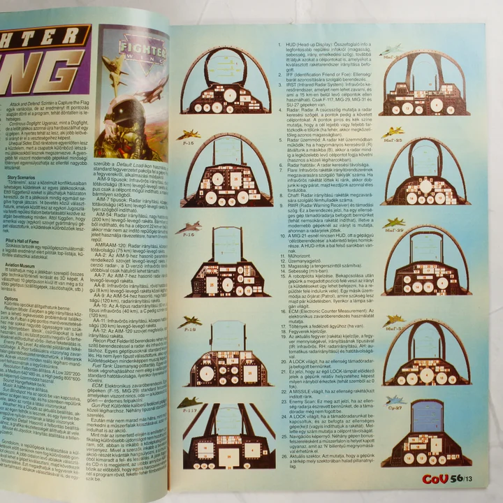 A magazin belső oldala a Fighter Wing játék részletes technikai leírásával és repülőgép műszerfal ábrákkal.