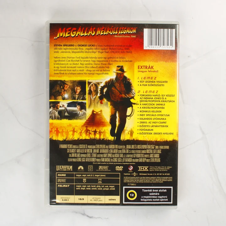Indiana Jones DVD hátoldala technikai adatokkal