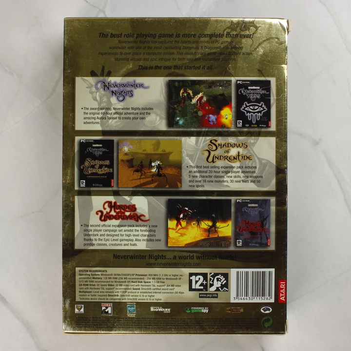 Neverwinter Nights Deluxe Edition hátlap Neverwinter Nights Deluxe Edition PC játék dobozának hátoldala rendszerkövetelményekkel