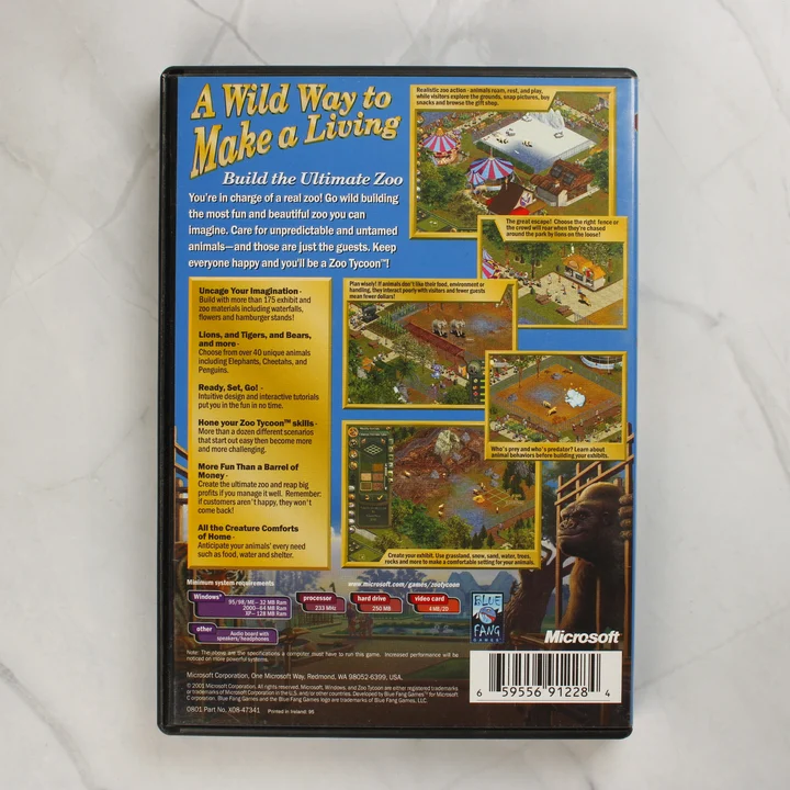 A Zoo Tycoon videójáték tokjának hátoldala a rendszerkövetelményekkel és leírással.