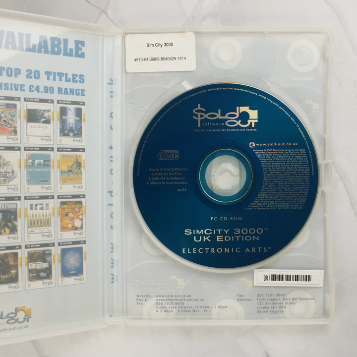 SimCity 3000 UK Edition nyitott tok és CD