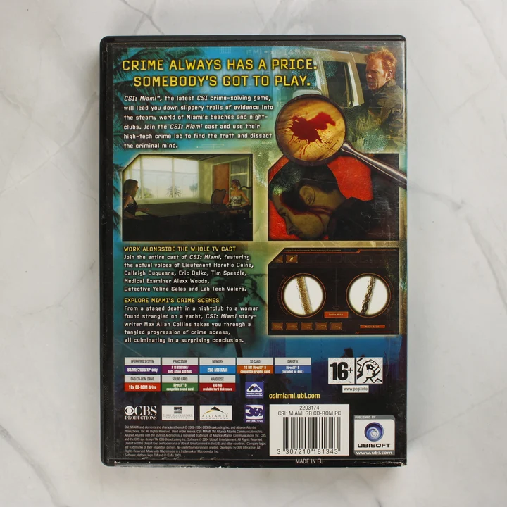 A CSI: Miami videójáték tokjának hátoldala a rendszerkövetelményekkel.