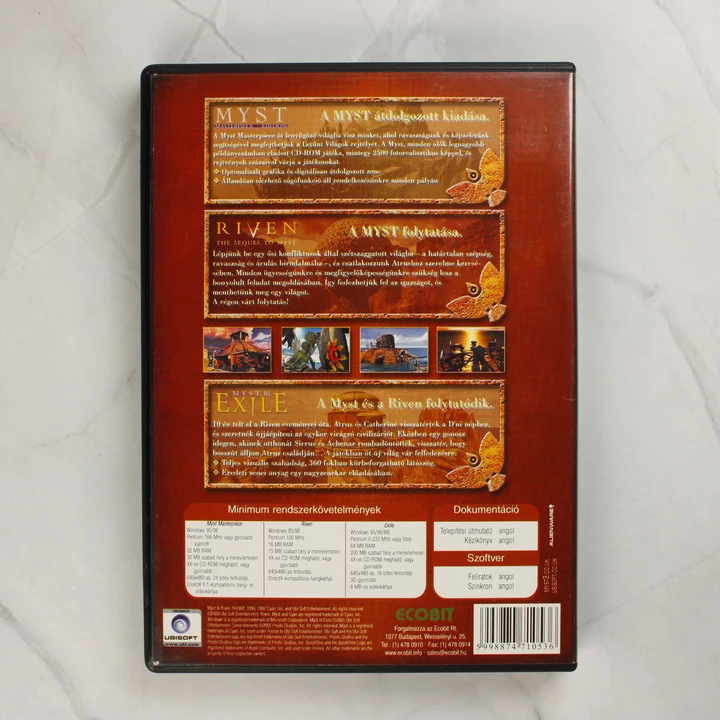 A Myst Trilogy videójáték hátoldala magyar nyelvű leírással és rendszerkövetelményekkel.