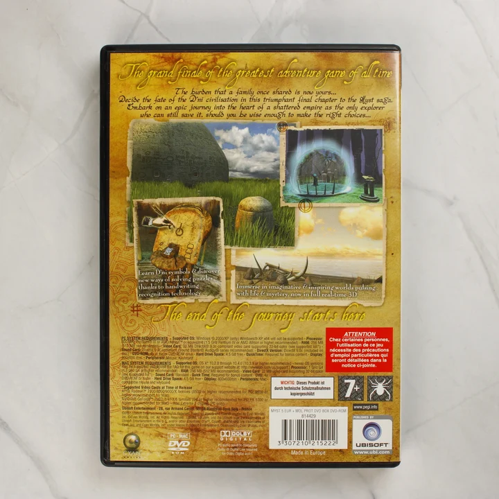 A Myst V: End of Ages videójáték tokjának hátoldala a leírással