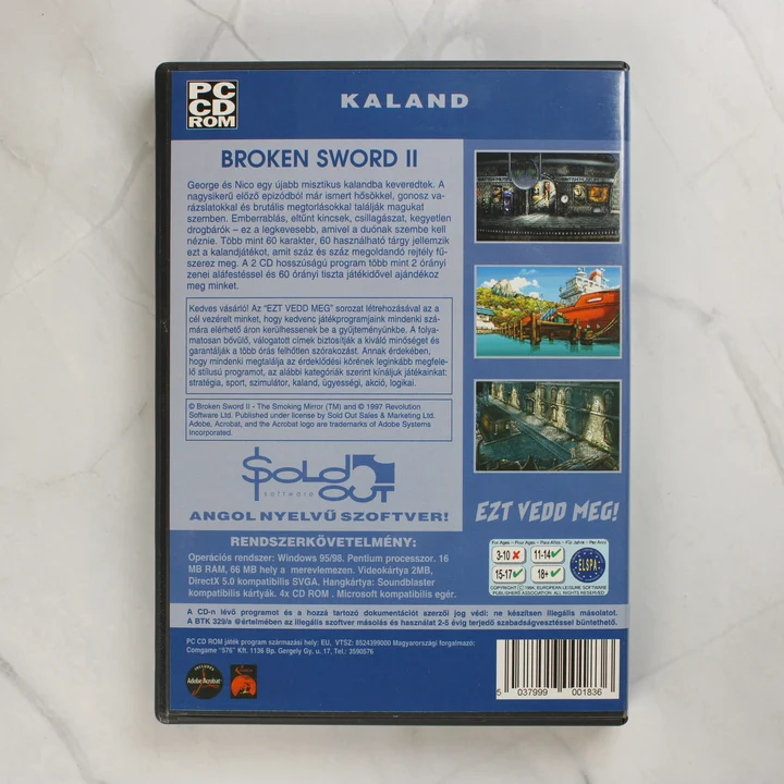 Broken Sword II PC hátlap A Broken Sword II: The Smoking Mirror PC játék hátlapi borítója magyar leírással