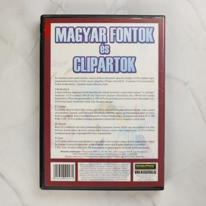 Magyar Fontok és Clipartok szoftver tokjának hátoldala