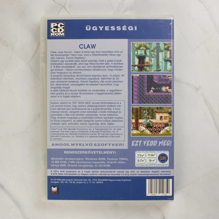 Claw PC játék hátlapja rendszerkövetelményekkel