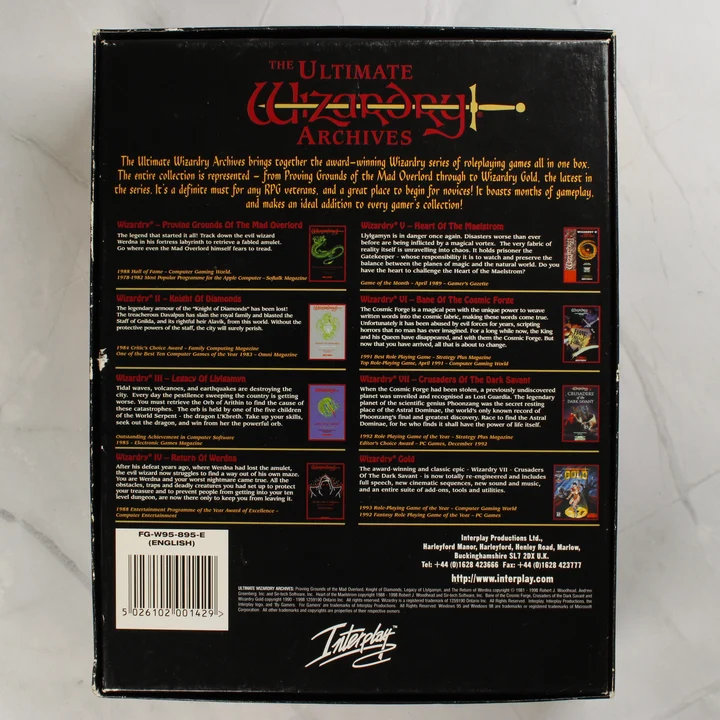 The Ultimate Wizardry Archives videójáték dobozának hátoldala leírásokkal