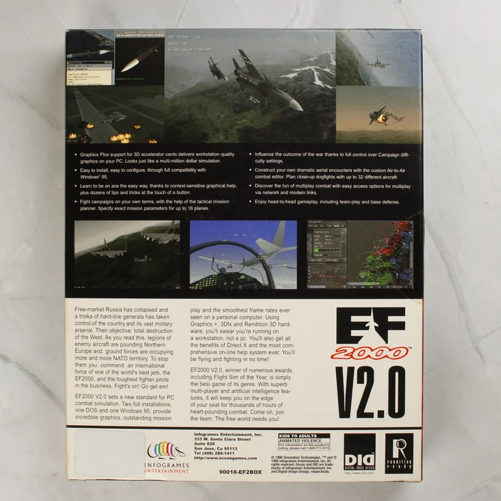 Az EF2000 V2.0 videójáték dobozának hátoldala leírásokkal és képernyőmentésekkel.
