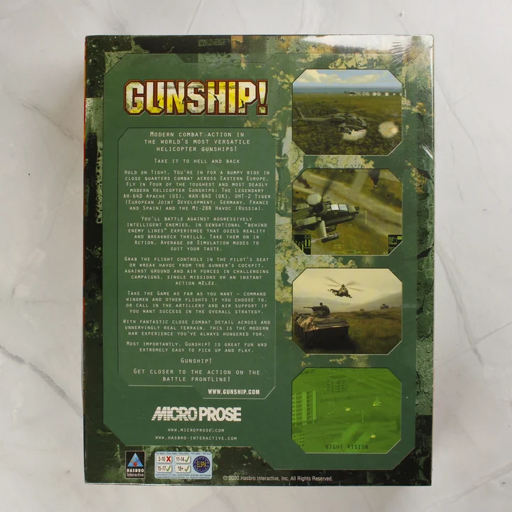 A Gunship! videójáték dobozának hátoldala leírással és képernyőképekkel