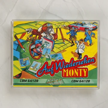 Az Auf Wiedersehen Monty videójáték elülső borítója műanyag tokban.