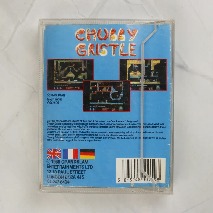 Chubby Gristle Commodore 64 játék kazetta tokban hátulnézetből