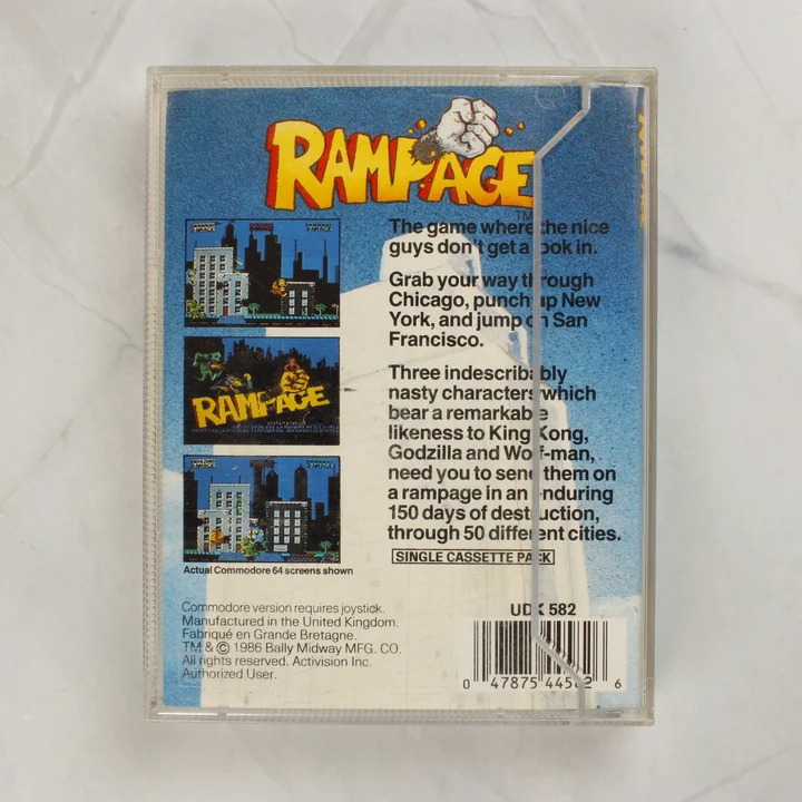 Rampage videójáték Commodore 64 kazetta tokban hátulnézetből