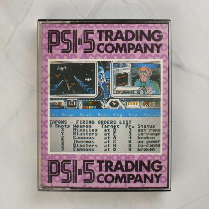 PSI-5 Trading Company Commodore 64 játék kazetta tokban elölnézetből
