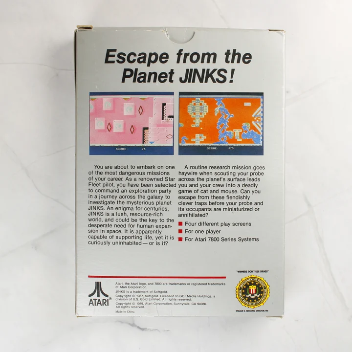 Jinks videójáték dobozának hátoldala leírással és képernyőképekkel