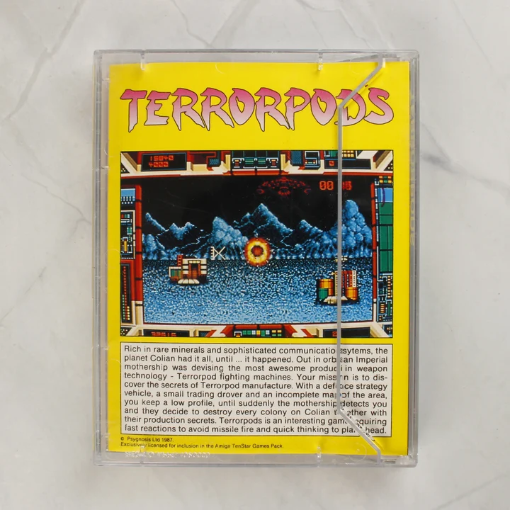 Terrorpods Amiga hátlap Terrorpods Amiga játék tokjának hátlapja leírással