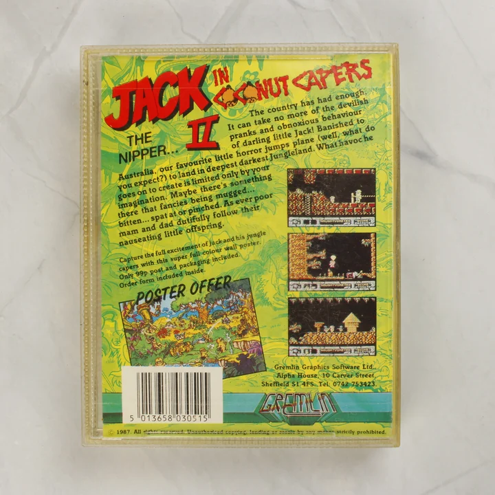 Jack the Nipper II Commodore 64 videójáték tok hátoldala leírással és képernyőképekkel