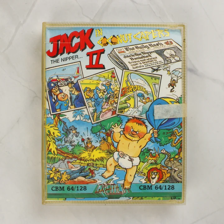 Jack the Nipper II Commodore 64 videójáték kazetta tokban elölnézetből