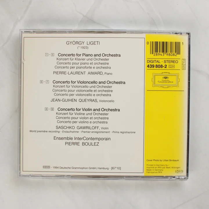 Ligeti György Concertos CD hátlapja vonalkóddal és műsorlistával