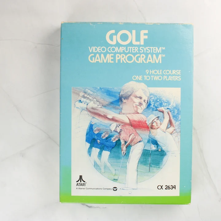 Az Atari 2600 Golf játék kék színű dobozának előlapja