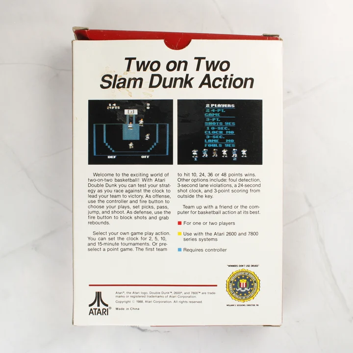 Atari 2600 Double Dunk doboz hátoldal Az Atari 2600 Double Dunk videójáték dobozának hátoldala leírással