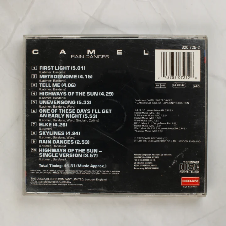Camel Rain Dances CD hátlapja a számlistával