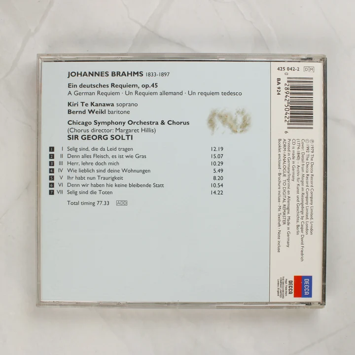 Brahms Ein deutsches Requiem CD hátlapja a számlistával