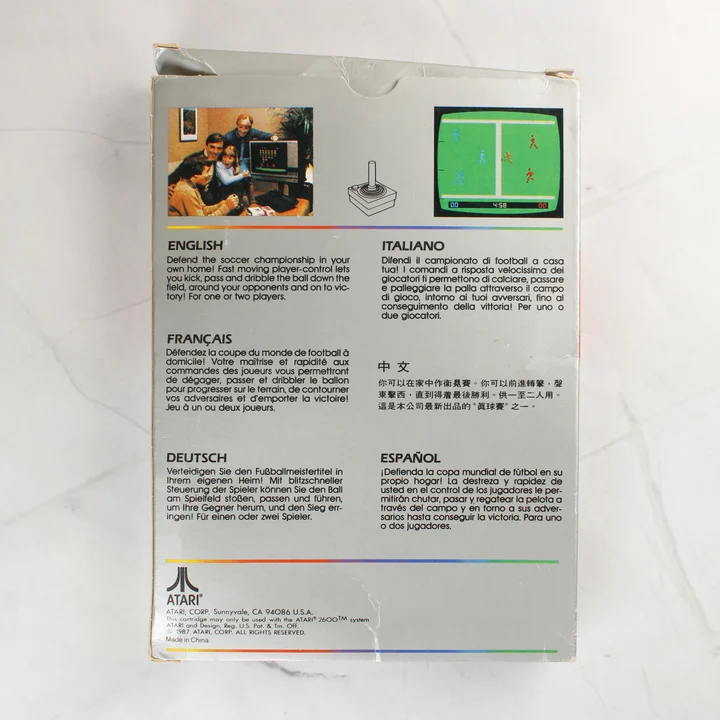 Atari 2600 RealSports Soccer videójáték dobozának hátoldala