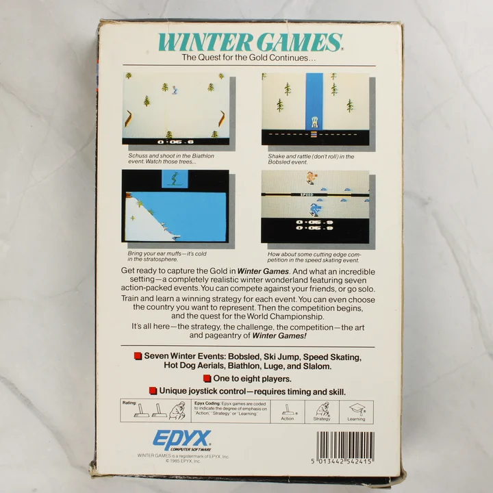 Winter Games doboz hátlap A Winter Games videójáték dobozának hátoldala képernyőképekkel és leírással.