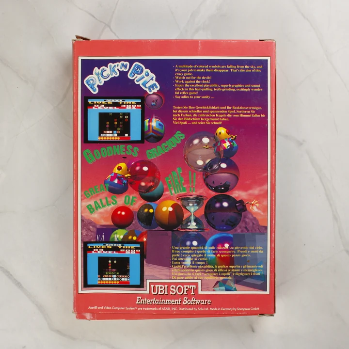 Pick 'n Pile Atari videójáték dobozának hátoldala